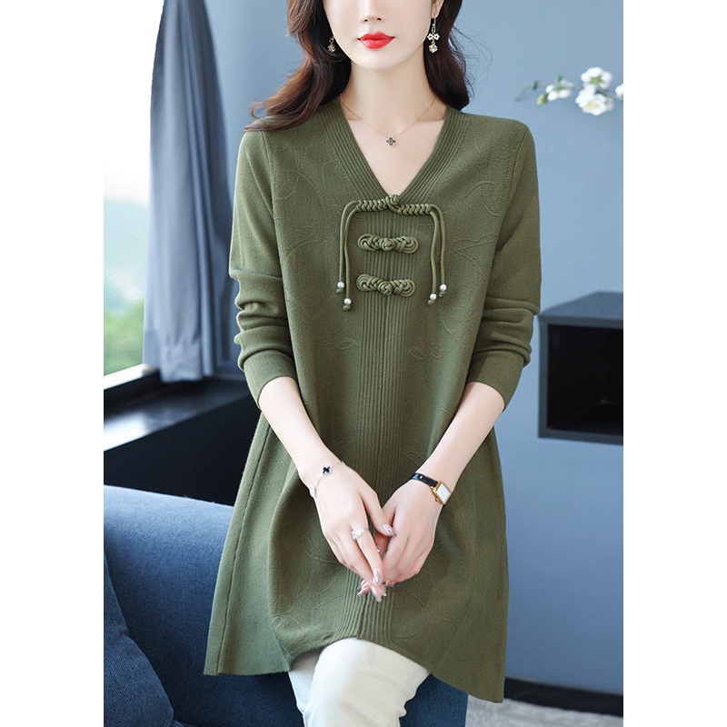 Classy Green V Neck Print Woolen Long Sweater Winter
