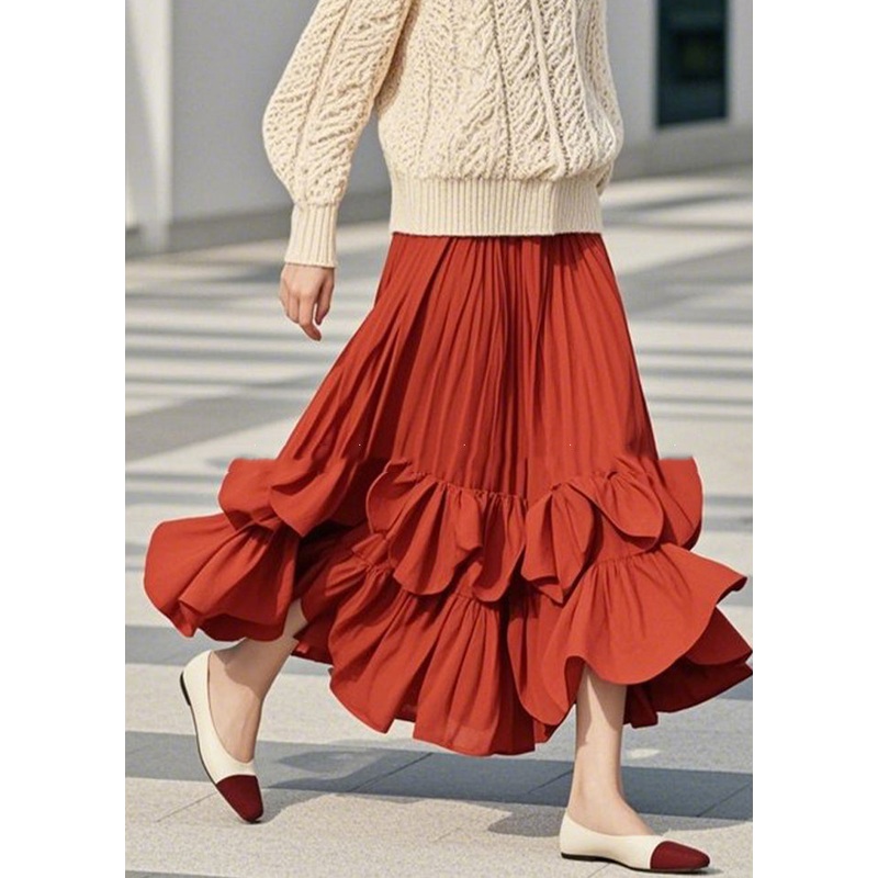 DIY Red Ruffled Patchwork A Line Skirts Spring