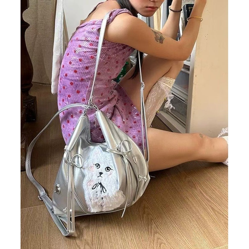 DIY White Cat Appliqued Faux Leather Versatile Shoulder Bags