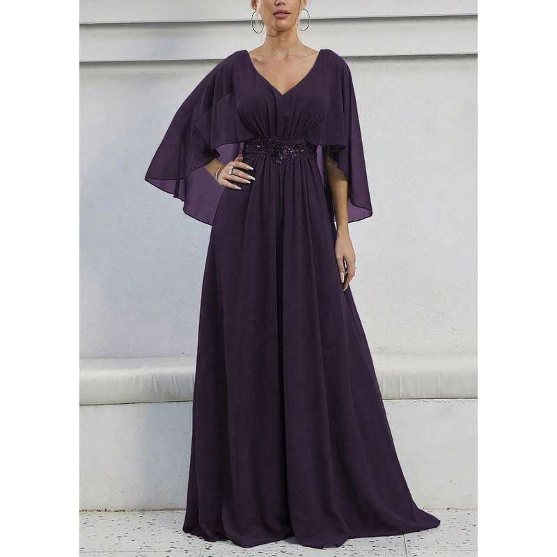 Elegant Dark Purple Sequins High Waist Maxi Dress Batwing Sleeve