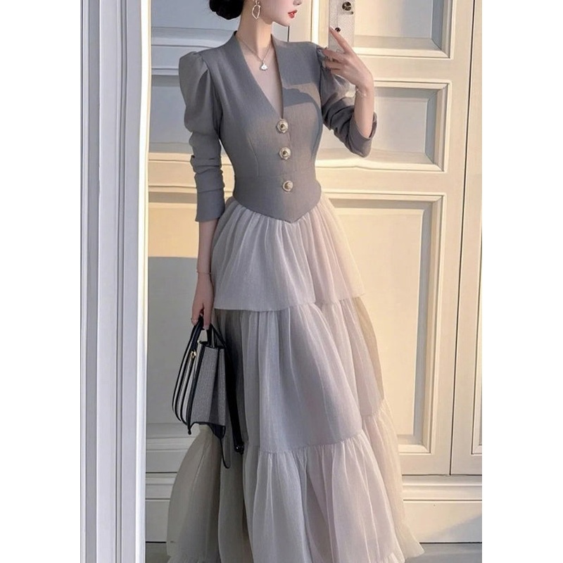 Elegant Grey V Neck Patchwork Tulle Long Dress Spring