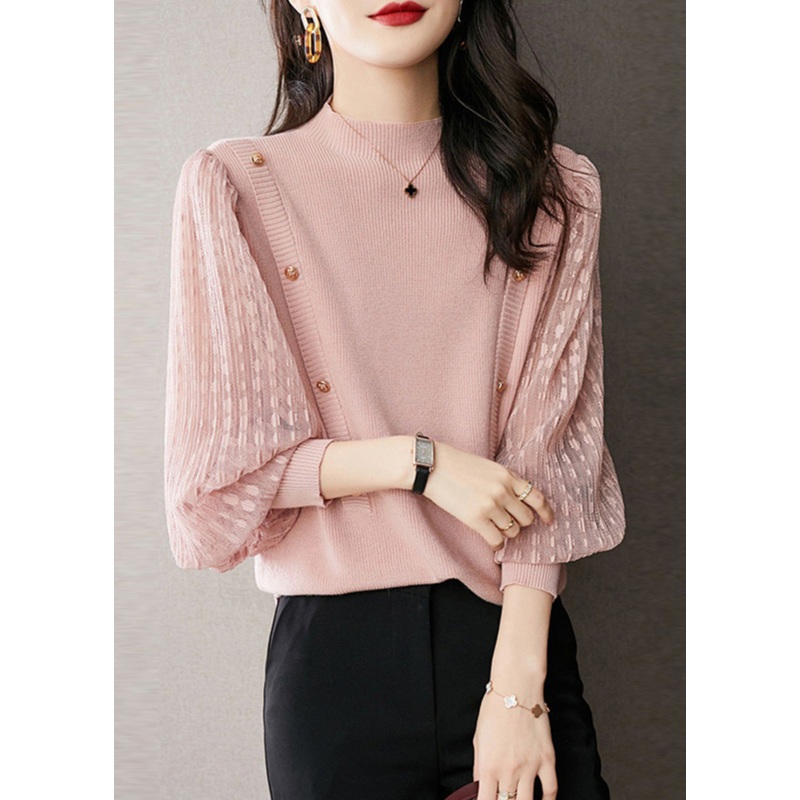 Elegant Pink Half High Neck Patchwork Knit Pullover Spring