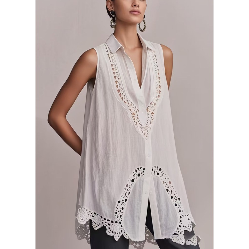 Fashion White Hollow Out Cotton Long Vest Sleeveless