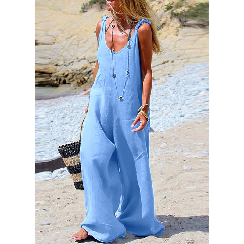 Female Navy Blue Sleeveless Wide leg Side Button Jumpsuit