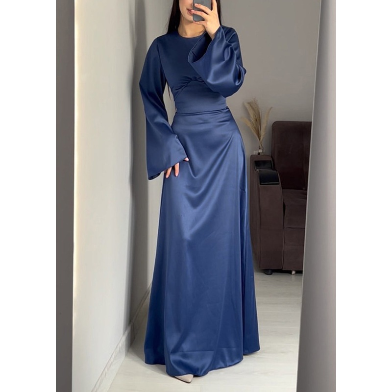 Fine Navy O Neck Lace Up Slim Fit Silk Long Dress Spring