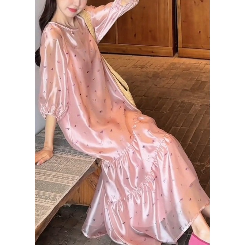 Fine Pink O-Neck Print Silk Long Dress Bracelet Sleeve