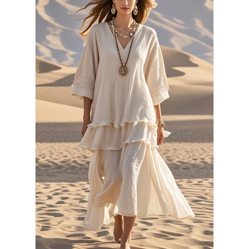 Fitted Apricot Ruffled Patchwork Cotton Maxi Dress Bracelet Sleeve