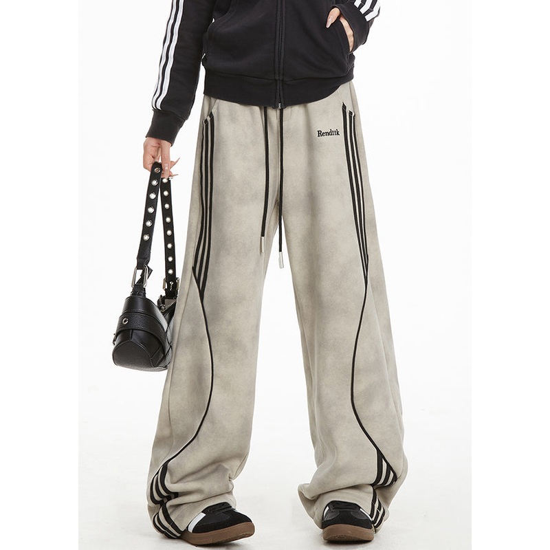 Fitted Grey Wide Leg Pockets Striped Wide Leg Pants Spring