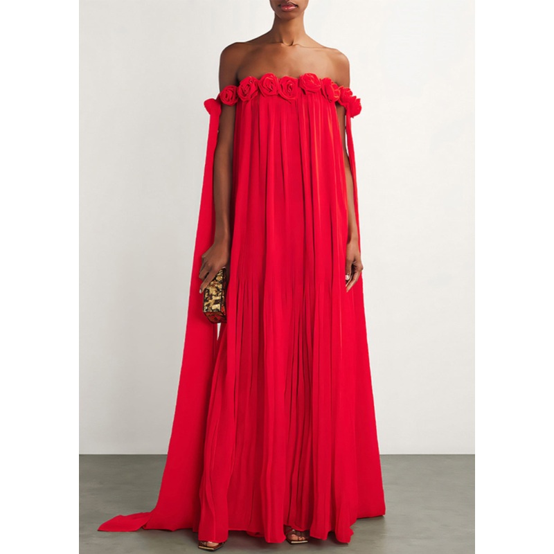 Floral Red Slash Neck Wrinkled Cotton Maxi Dresses Summer