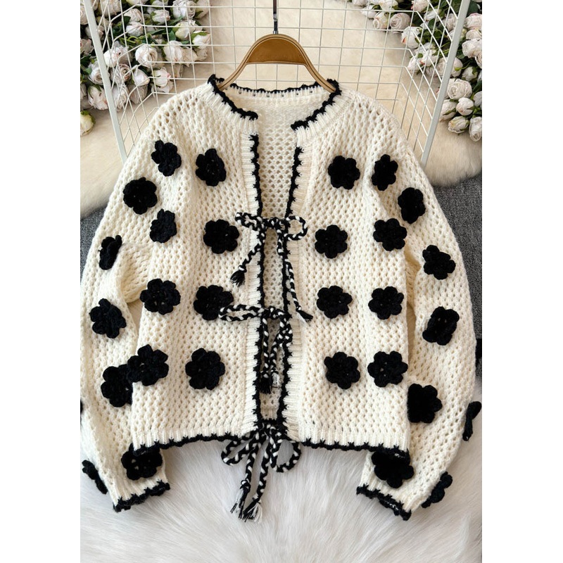 French Apricot O-Neck Floral Tie Waist Cotton Knit Cardigans Spring