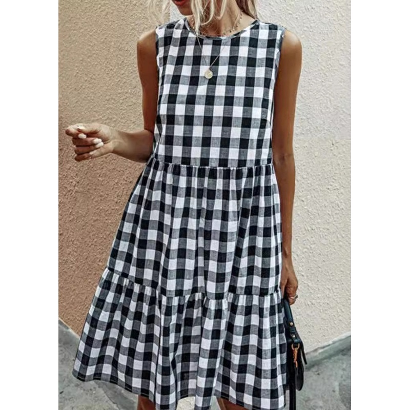 French Black Plaid Pockets Cotton Dress Sleeveless