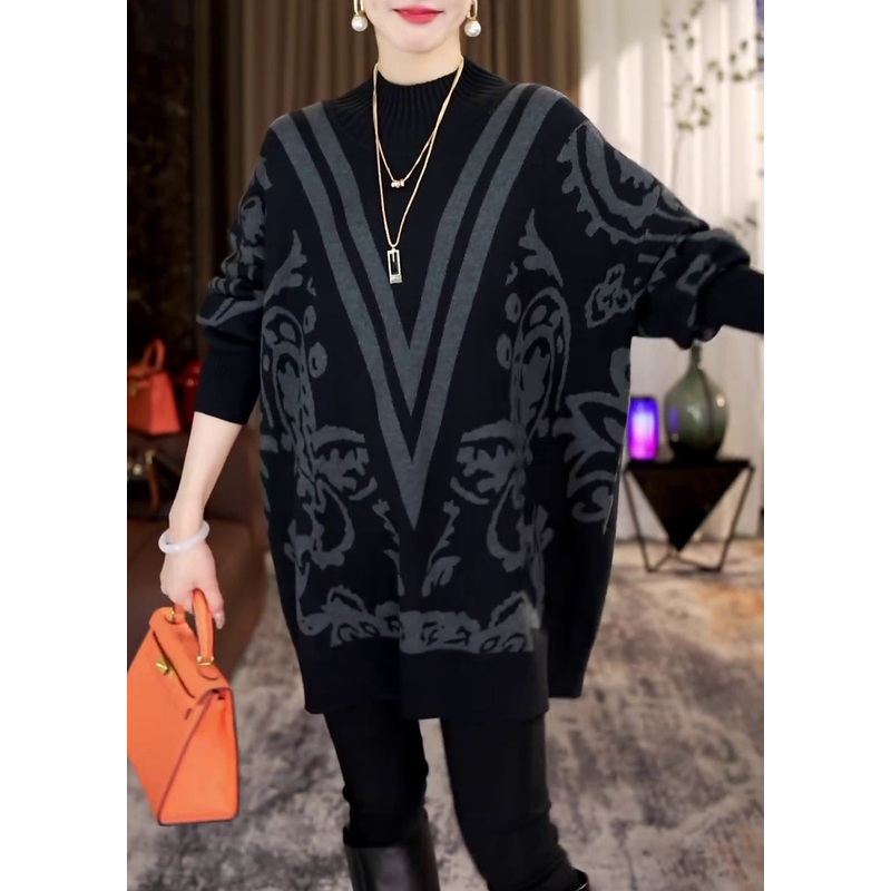 French Black Turtleneck Cozy Knit Sweaters Batwing Sleeve