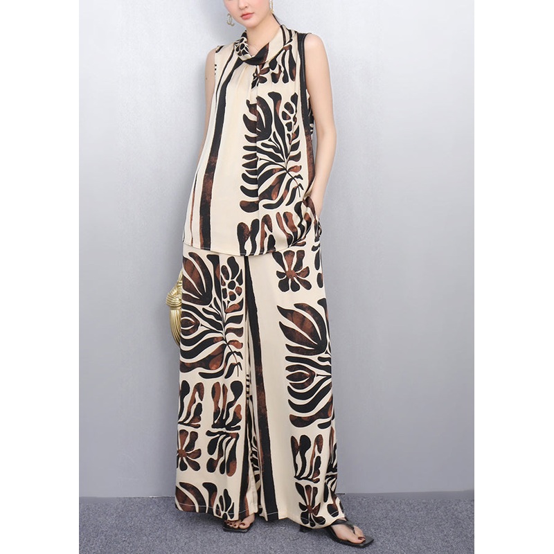 French Khaki Stand Collar Print Chiffon Two Pieces Set Sleeveless