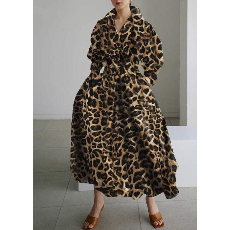 French Leopard Print Exra Large Hem Cotton Holiday Dresses Spring