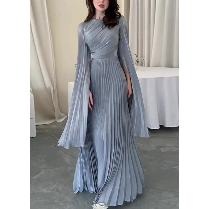 French Light Blue Wrinkled High Waist Cotton Party Dress Spring