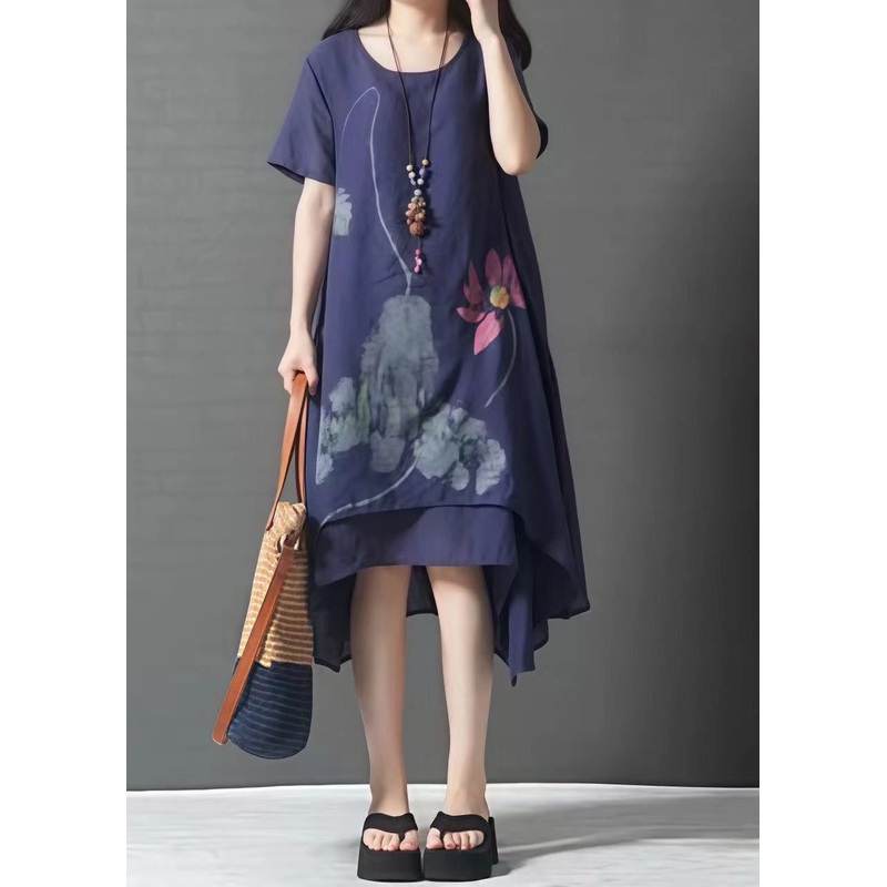 French Navy Oversized Print Linen Layered Dress Summer