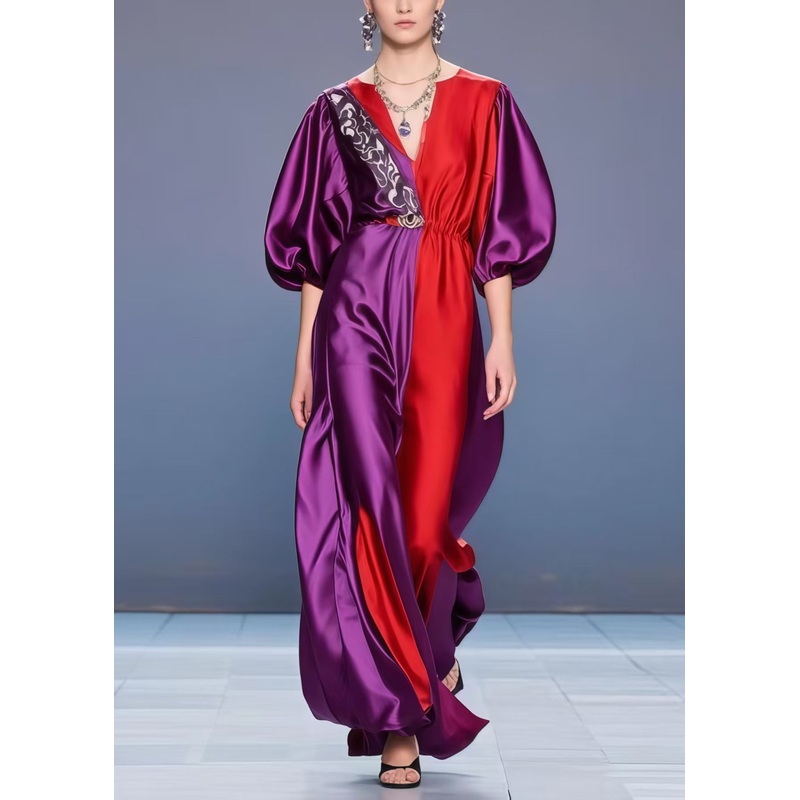 French Purple Asymmetrical Patchwork Silk Ankle Dress Lantern Sleeve