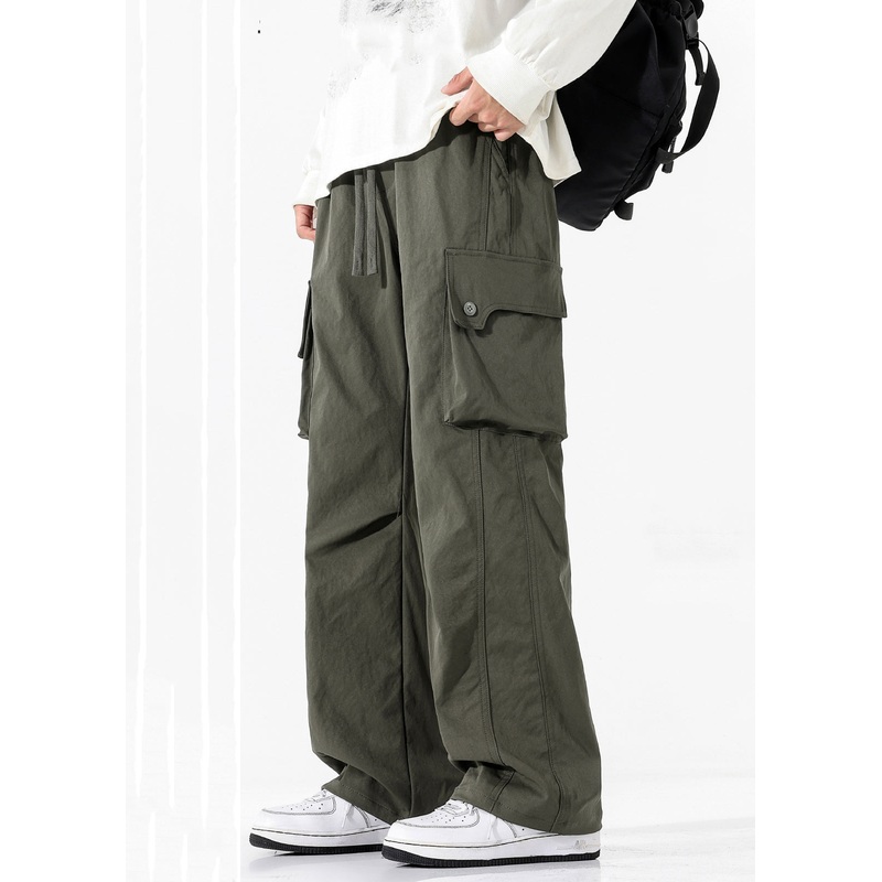 Green Pockets Cotton Men Pants Casual Elastic Waist Spring
