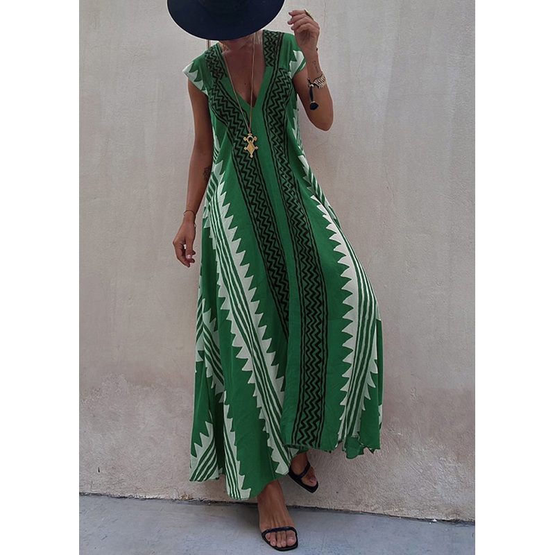 Green Print Chiffon Long Dress Asymmetrical Summer