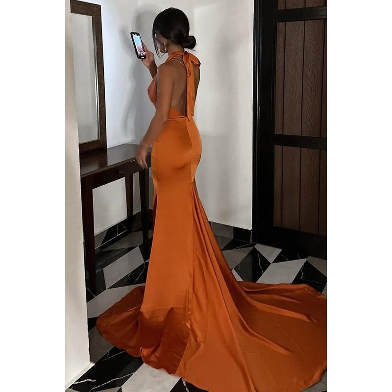 Halter Satin Mermaid Formal Long Prom Dress J5649