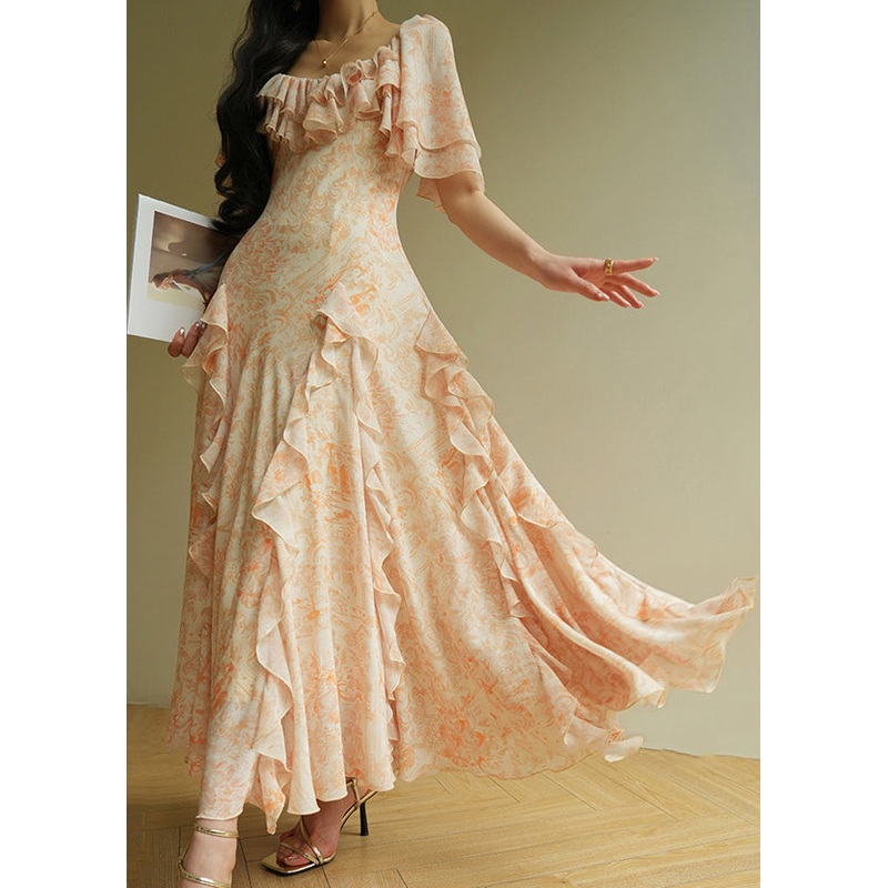 Italian Orange Ruffled Print Chiffon Maxi Dresses Summer
