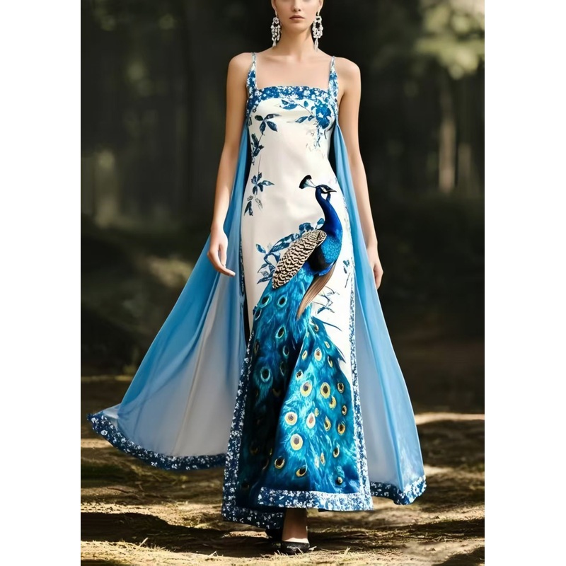Italian Peacock Print Patchwork Cloak Silk Vestidos Dress Summer