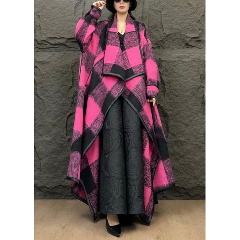 Italian Rose Plaid Pockets Wool Long Coats Winter
