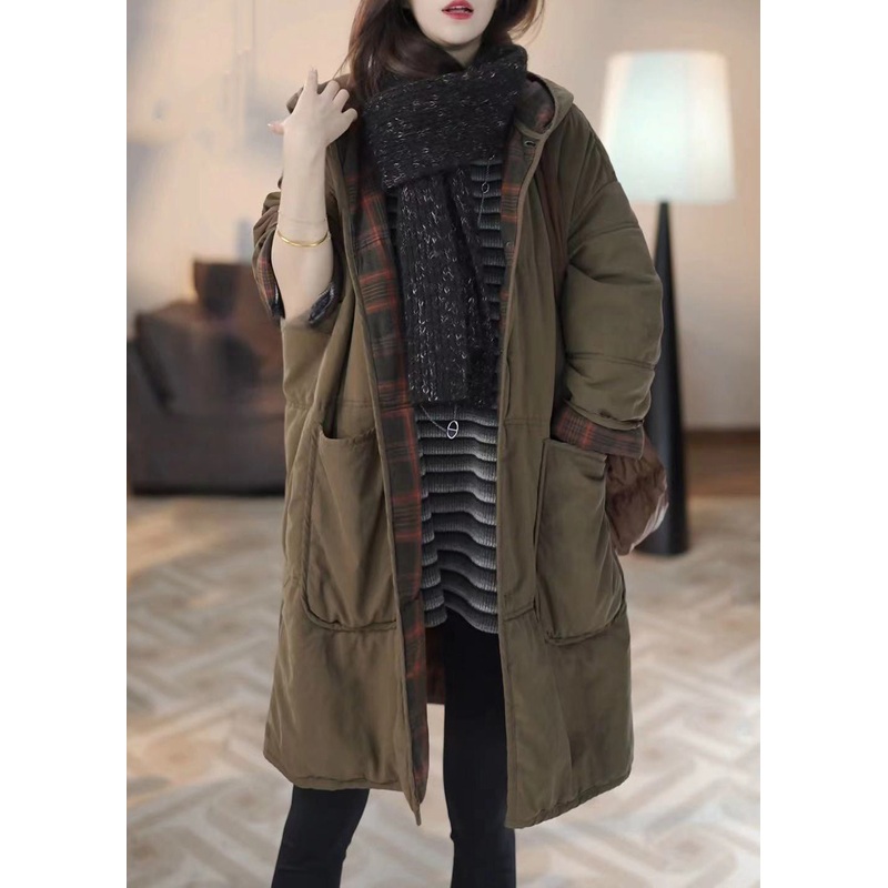 Loose Green Hooded Button Pockets Parkas Winter
