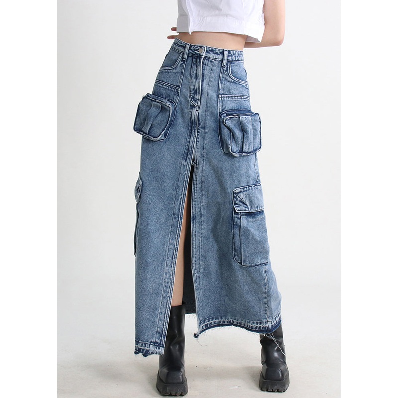 Modern Blue Pockets Side Open Denim Skirt Summer