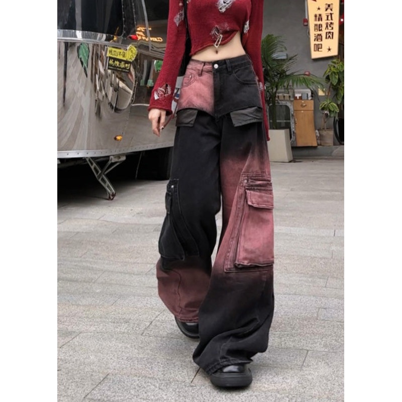 Modern Gradient Color Oversized With Pockets Denim Pants Spring