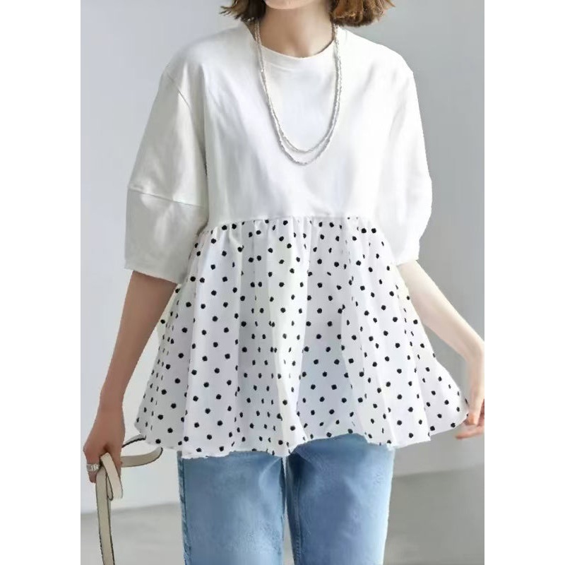 Modern White Patchwork Dot Cotton Blouses Half Sleeve