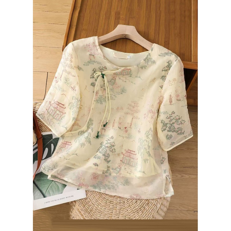 New Apricot Print Side Open Tulle Blouses Half Sleeve
