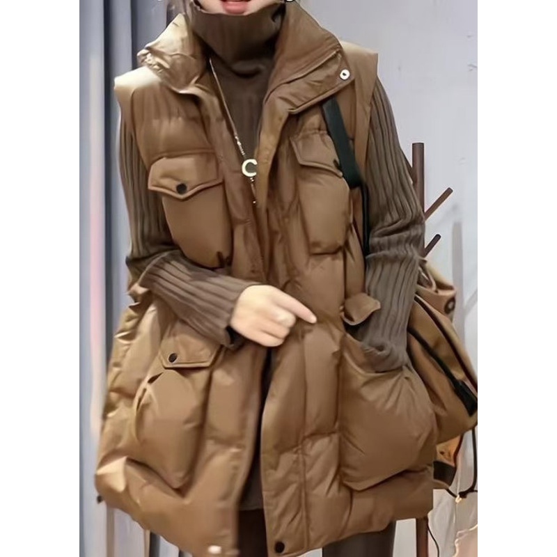 New Coffee Zip Up Pockets Patchwork Fine Cotton Filled Vest Sleeveless