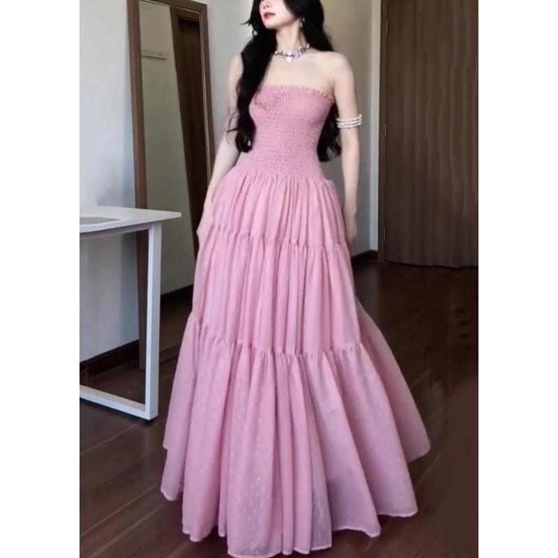 New Pink Strapless Solid Cotton Long Dress Sleeveless