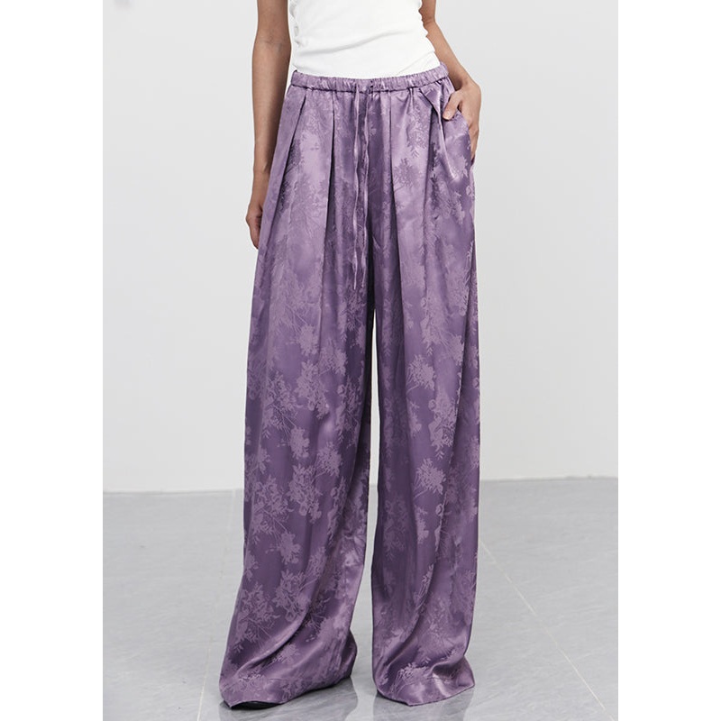 New Purple Print Lace Up Elastic Waist Silk Wide Leg Pants Spring