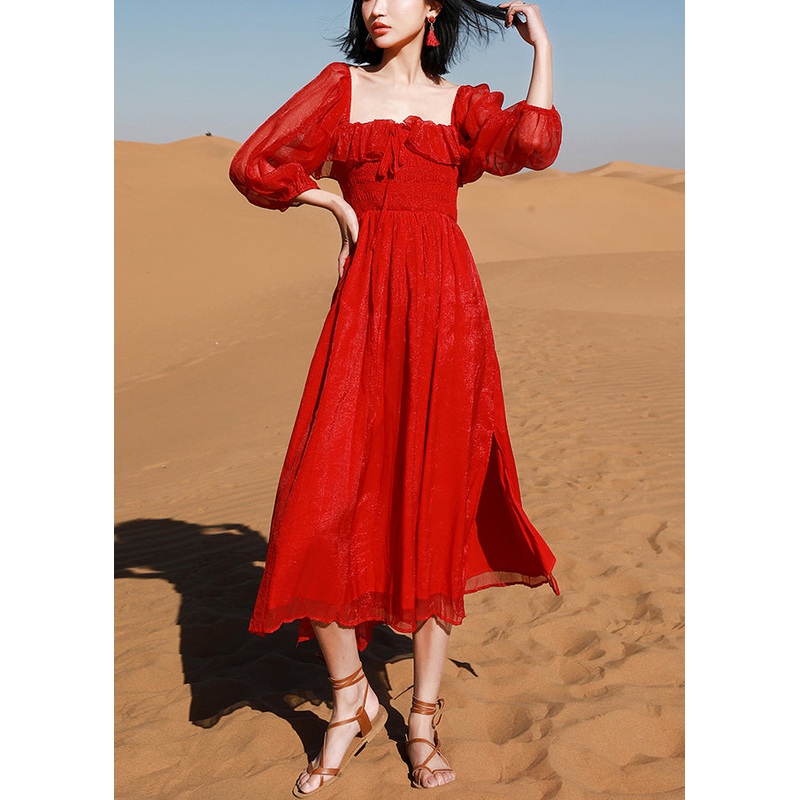 New Red Square Collar Side Open Cotton Beach Dress Puff Sleeve