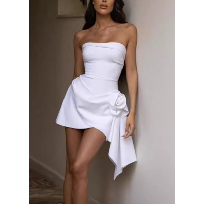 New White Strapless Floral Mid Dress Sleeveless