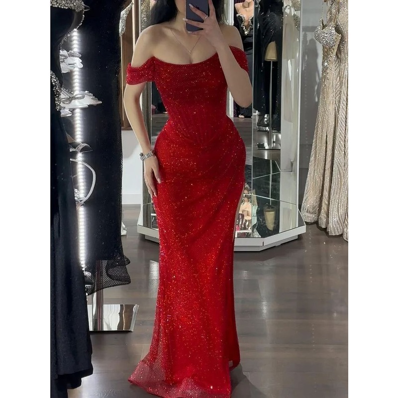 Off The Shoulder Red Sheath Sparkling Prom Dress Long Evening Dresses J4615