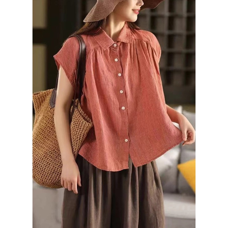 Orange Striped Button Linen Summer Blouses Peter Pan Collar