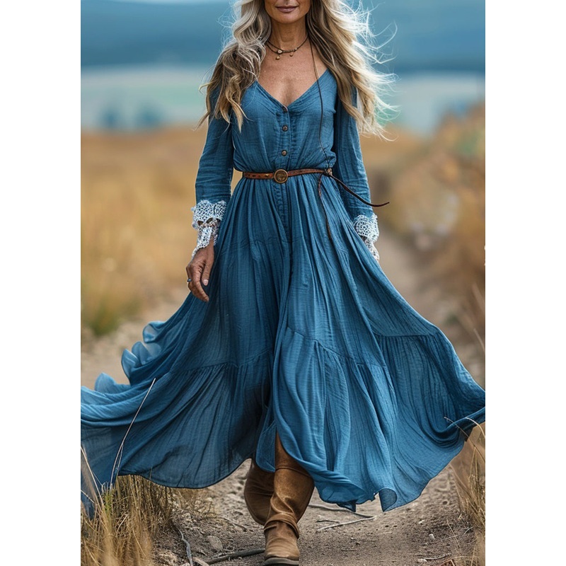 Organic Blue V Neck Lace Wrinkled Patchwork Cotton Long Dress Spring