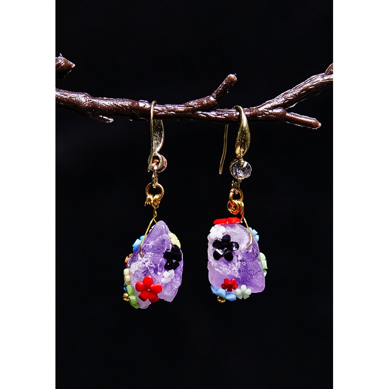 Original Naturally Purple Jade Multicolour Flowers Drop Earrings