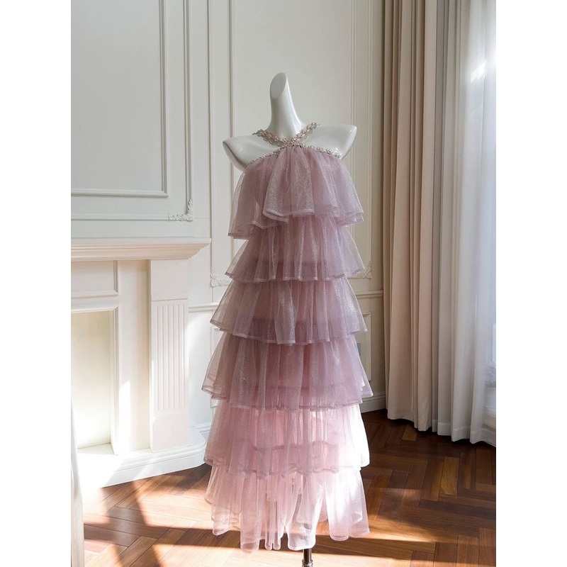 Pink Halter Ruffles Long Prom Dress Formal Dresses  J4295