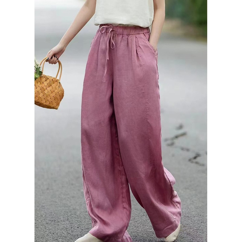 Pink Solid Linen Summer Straight Pants Elastic Waist
