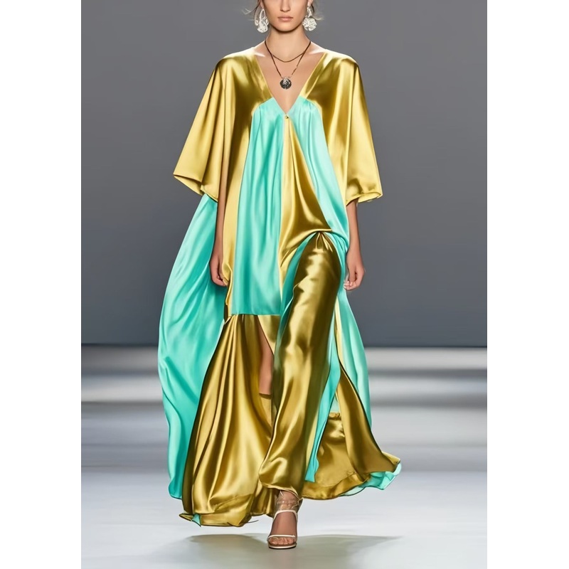 Plus Size Grass Green Asymmetrical Patchwork Silk Maxi Dresses Summer