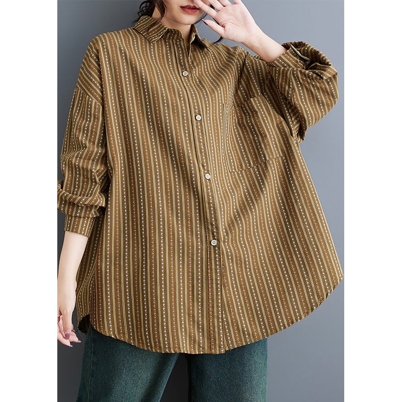 Plus Size Khaki Peter Pan Collar Striped Cotton Shirts Spring