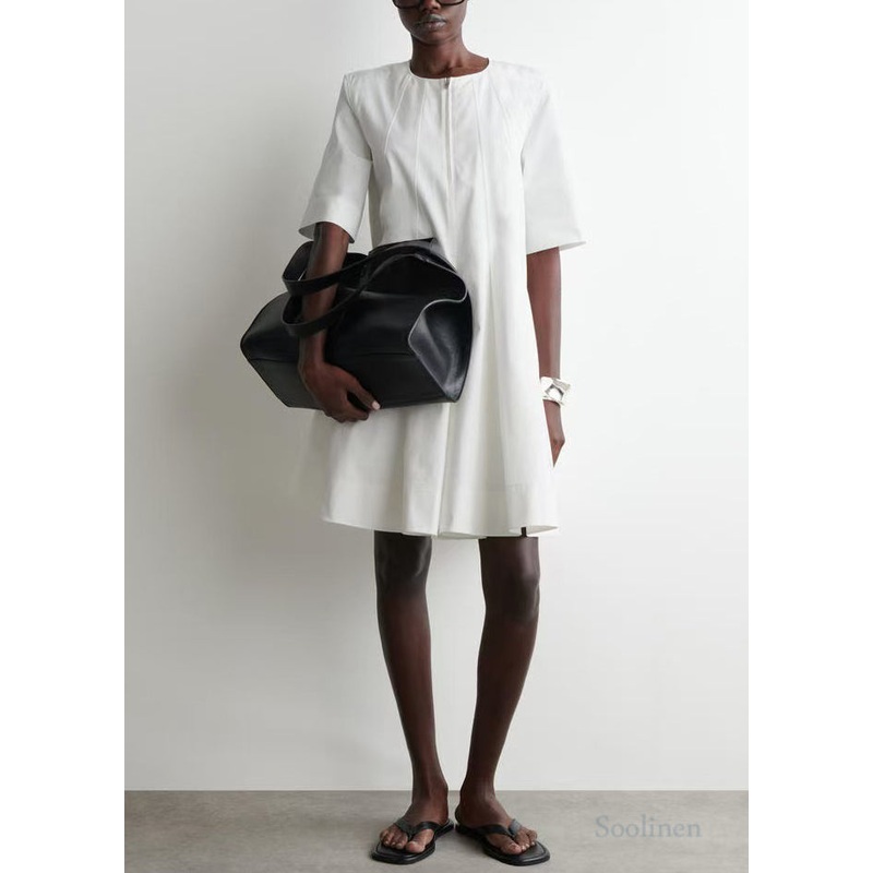 Plus Size White Zip Up Cotton Day Dress Half Sleeve