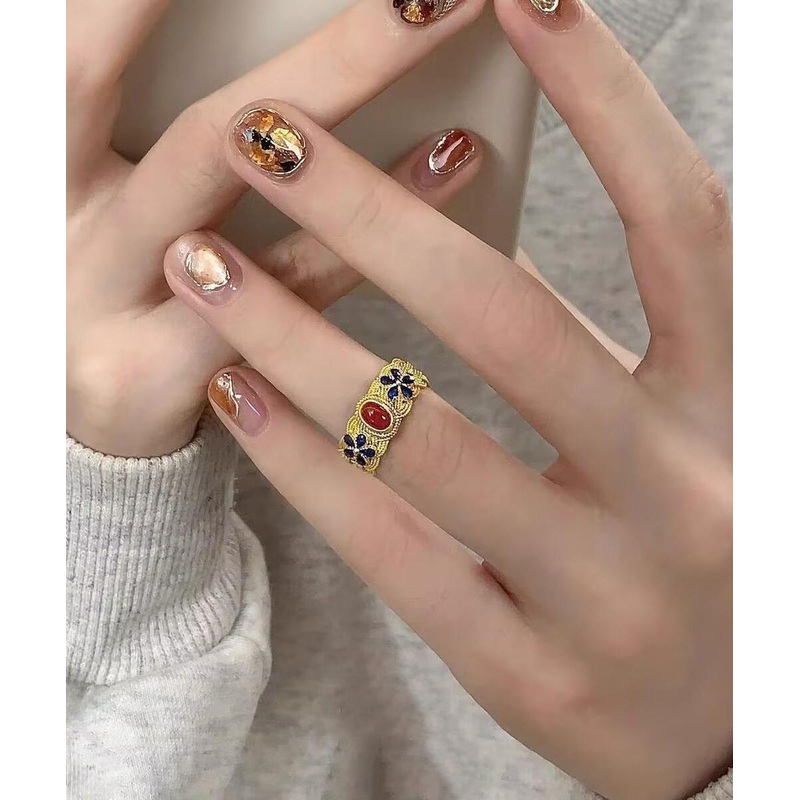 Retro Copper Overgild Enamel Agate Ring