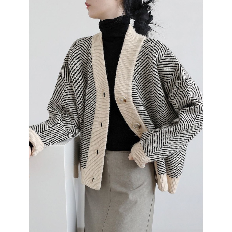 Retro Knitted Cardigan Striped V-neck Sweater Jacket 1834