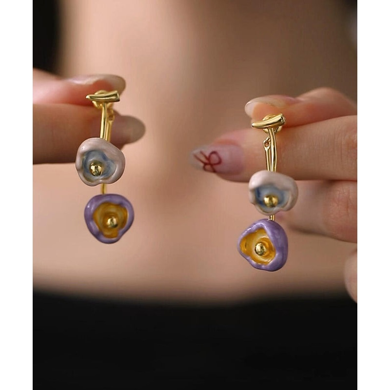 Retro Multicolor Copper Overgild Floral Enamel Drip Glaze Drop Earrings