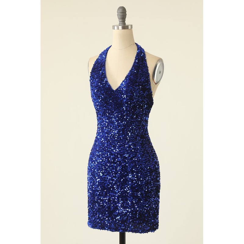 Royal Blue Sequin Halter Backless Short Homecoming Dress  J4173